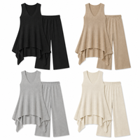 Ensemble 2 pièces OEM personnalisé pour femme : Haut tricoté sans manches col en V à ourlet asymétrique et pantalon long à jambes larges – Vente en gros OEM ODM
