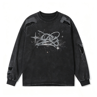 T-shirt à manches longues déchiré et délavé avec découpe, imprimé Kornit DTG Sparkle Cosmic Graffiti, effet usé, style streetwear ample