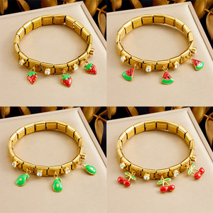 Fruit Series Gold Plated Bracelet With Strawberry Cherry Watermelon Avocado Charms Rhinestone Women's Jewelry Gift - Product Image 1