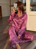 Promo! Set Piyama Satin Motif Pita Bergaris Magenta Ukuran Besar, Kemeja Kancing Lengan Panjang dengan Celana Panjang untuk Pakaian Rumah Musim Panas
