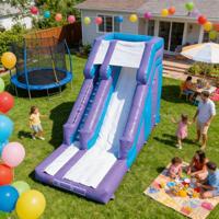 Toboggan gonflable géant en PVC éco-responsable à double voie, violet et bleu, pour enfants, usage commercial extérieur, capacité >500 kg, 6-12 ans