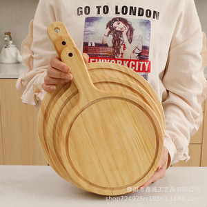Wooden Pizza <b>Tray</b> With Handles Round Serving Plate For Cake Bread Steak Salad Display Hotel Coffee <b>Tea</b> Use - Product Image 1