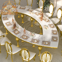 Table à manger de mariage moderne de luxe en forme de goutte d'eau en acier inoxydable doré avec plateau en verre pour usage commercial Salon et hôtel