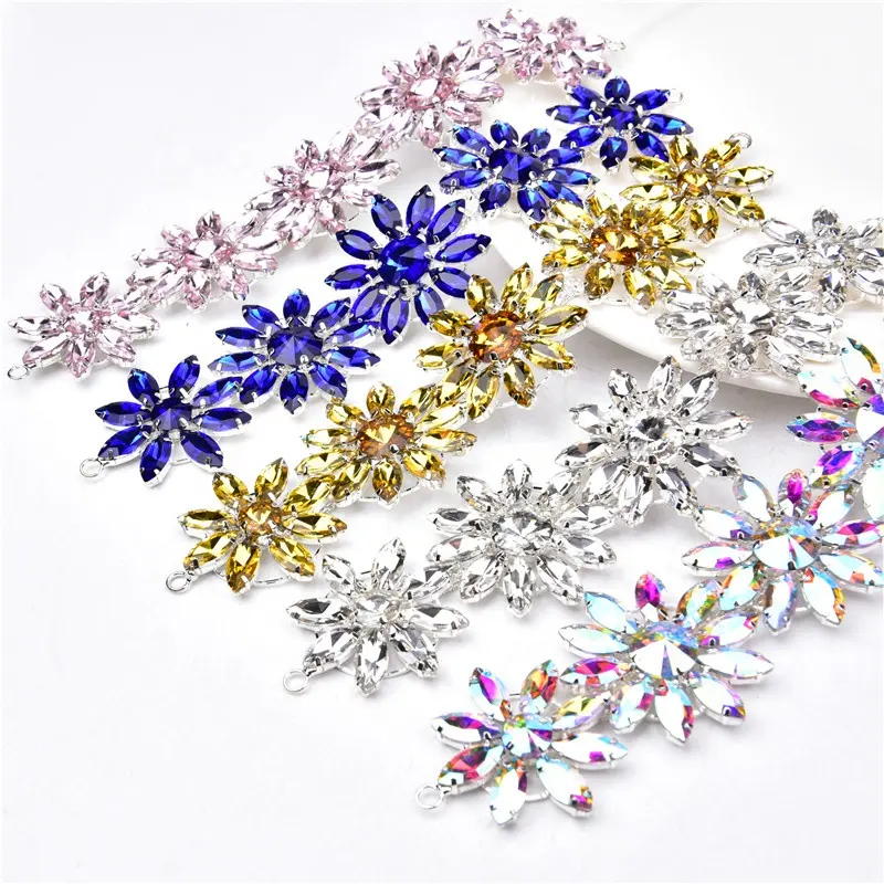 4.3X20.5Cm Long Rhinestone Applique Sunflower Marquise Crystal Bridal Decoration Belt Diy Clothing Bikini Connector Chain Buckle