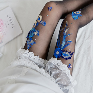 Leggings de terciopelo azul cereza con bordado floral dulce, 50D, opacos, antidesgarro, de tiro medio, suaves y elásticos para <span class=keywords><strong>mujer</strong></span> - Product Image 2