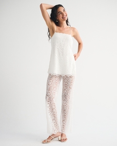 Leduo Customized Women's <b>White</b> Floral Lace Wide Leg Pants Sheer High Waist <b>Flare</b> <b>Trousers</b> with Scalloped Hem - Product Image 1