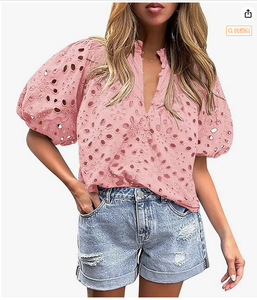 Nouveau 2025 Offre Spéciale couleur unie à manches courtes évider broderie chemise Blouse haut pour femme vêtements <span class=keywords><strong>5</strong></span> - Product Image 4