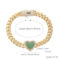 Pulsera de Cadena Cubana de Latón Chapada en Oro de 14K, Joyería de Boda Impermeable, Pulsera de Corazón con Circones Blancos y Verdes para Mujer