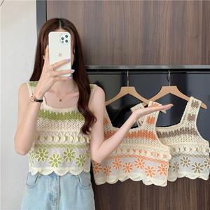 <span class=keywords><strong>Gilet</strong></span> en tricot vintage à broderies au <span class=keywords><strong>crochet</strong></span> pour femmes, style bohème ethnique d'été, haut sans manches court - Product Image 1