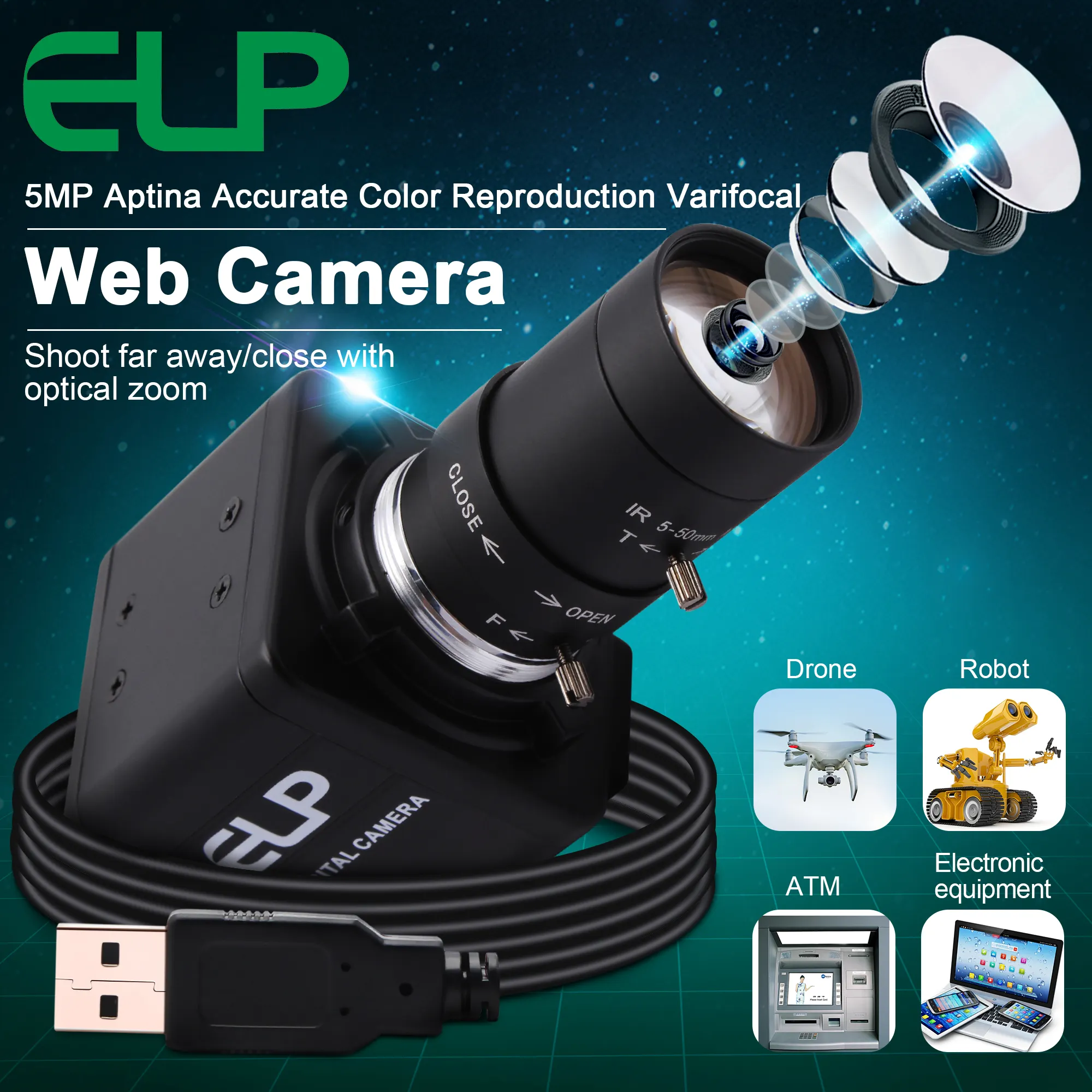 ELP เว็บแคม1080P 60fps,ซูมได้260fps 10x CMOS สี OV4689 PC HD Mini USB กล้องวิดีโอดิจิตอล Full HD 1920X 1080