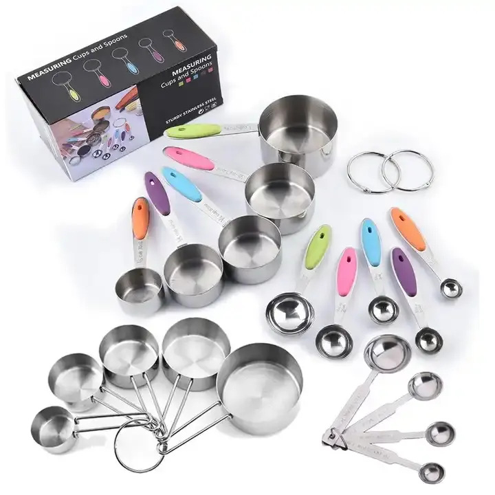 Accesorios de cocina mango de silicona juego de tazas y cucharas medidoras de acero inoxidable