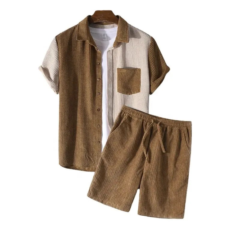 Color Block 2 Piece Set Short Sleeve Collar Shirts Shorts for Men Summer Outfit 100% Cotton Corduroy men shorts set