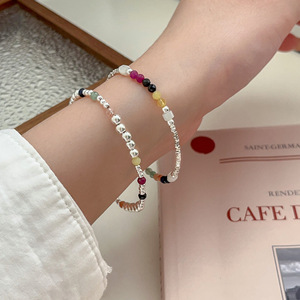 S925 Sterling Silver Beaded <b>Bracelet</b> With Colored Natural Stones Women's Fashion Jewelry Gift - Product Image 1