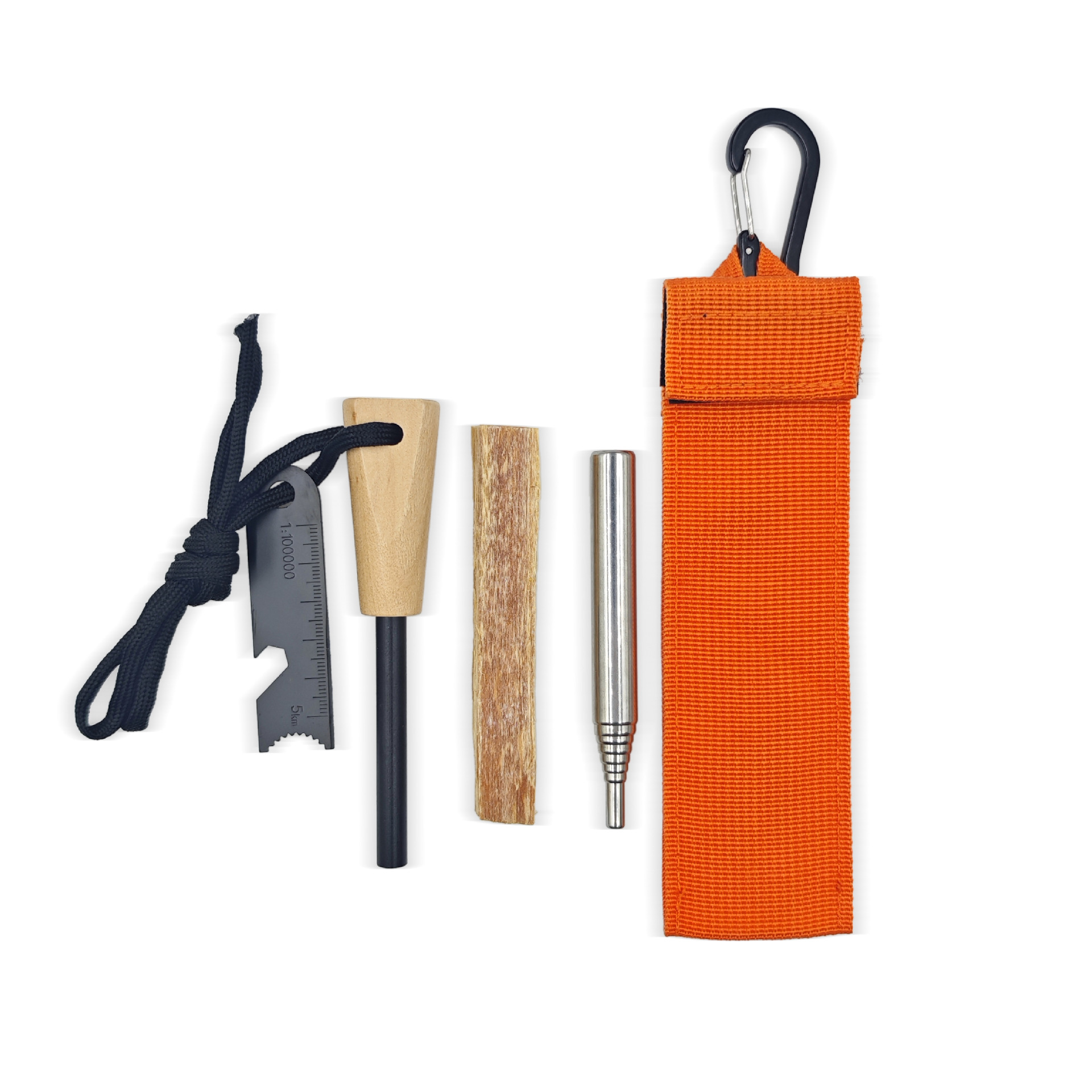 silex, sarbacane, torche en pin, sac en sangle orange