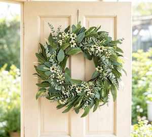 Artificial Eucalyptus White Daisy Flowers Berries Handmade Traditional Mount Indoor Wreath for Farmhouse <b>Front</b> <b>Door</b> - Product Image 1