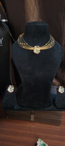 92.5 sterling silver Hasli necklace set features a gold-plated multi-layer design pendant central green <b>emerald</b> stone set - Product Image 4