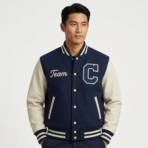 <b>Men's</b> Navy Varsity <b>Jacket</b> With Cream Sleeves Embroidered Team C <b>Letter</b> Preppy Style Regular Fit Autumn Wear - Product Image 1