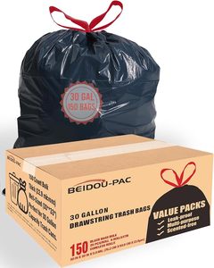 Sac poubelle noir à cordon de serrage 33 gallons en LDPE, fermeture durable à nouer, sac à déchets ménagers - Product Image 6