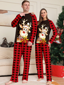 Moda Mujer Hombre Niño Bebé Ropa de Casa Elk Print Casual <span class=keywords><strong>Red</strong></span> Plaid Dos piezas Poliéster Navidad Pijamas Trajes - Product Image 3