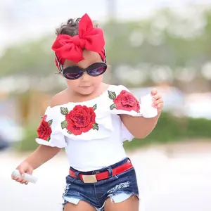 Toddler Girl Clothing Boutique Off Shoulder Tops + Hole Jeans + Hairband 3 Pcs Summer Girl Clothing Set2 Piece Baby Short Set Wo