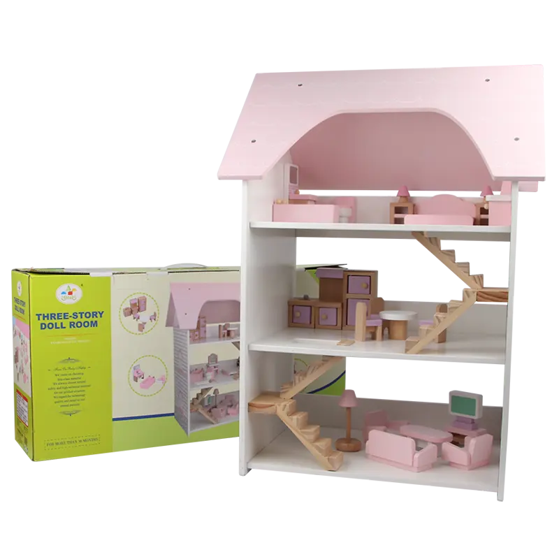 Wooden Doll House Toy Pink Princess Villa Baby Play House Toy