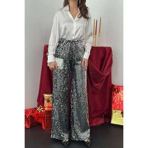 Wholesale Canvas <b>Trousers</b> Elastic High-Waist <b>Black</b> Silver <b>Sequins</b> Loose Fit Formal Pattern Autumn XL Breathable Colored-Wash - Product Image 2