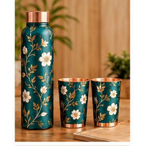 Mediterranean Copper <b>Metal</b> Travel <b>Water</b> <b>Bottle</b> and Cups Set Blue Floral Oriental Design Portable Drinkware - Product Image 2