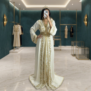 Elegant White Embroidered Loose <b>Abaya</b> Gold Floral Pattern Floor Length V Neck Long Sleeve Breathable Middle East <b>Wedding</b> Women - Product Image 3