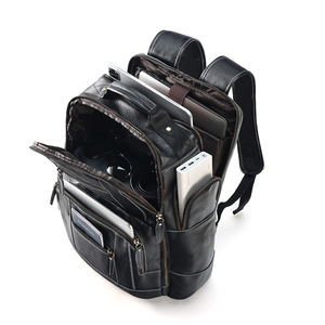 Men's Large Capacity <b>Backpack</b> Top-Grain Cowhide Laptop Bag Business Travel Shoulder <b>Straps</b> Solid Color Black - Product Image 2