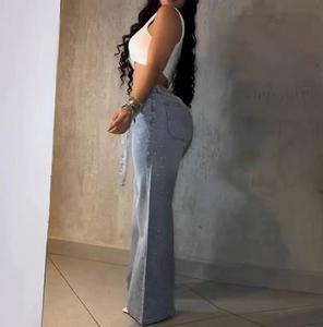 Nouveaux jeans pour femmes de style européen et américain avec design en strass, jeans décontractés avec ceinture, pantalon droit taille haute en stock - Product Image 4