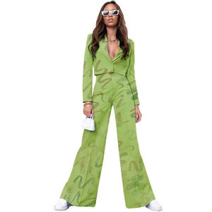 Solid Color Short Long Sleeve High Waisted Wide Leg Pants Women's Suit 2 Piece <b>Set</b> Fashion - Product Image 2