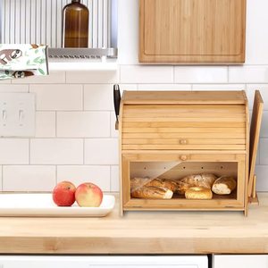 Boîte à pain en bois avec porte-couteau et porte en verre pour le rangement de la cuisine - Product Image 3