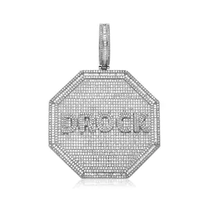 Bling Hip Hop Cubic Zirconia Big Size Polygonal Pendant Jewelry Charms Custom Name Letter Octagonal Pendant Necklace