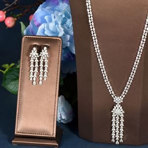 HIBRIDE goutte d'eau Long collier pendentif et boucles d'oreilles ensembles 2 pièces zircon cubique chandail chaîne pour femmes vêtements accessoires N-717 - Product Image 2