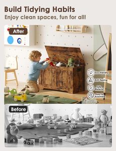 Boîte de rangement en bois DINZI LVJ avec couvercle rabattable et 2 charnières de sécurité, design vintage rustique, assemblage facile, brun rustique - Product Image 6