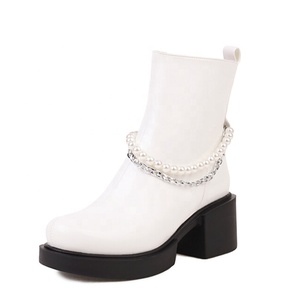 Bright Patent Leather Women Flat Short Boots Pearls Metal Chain Girl's Shoes Low Square <b>Heels</b> Big Size 45 Ankle - Product Image 5