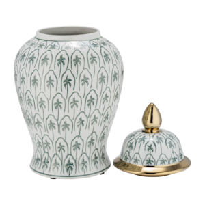 Vaso decorativo in ceramica con motivo a palma verde e bordo dorato per l'arredamento del soggiorno. - Product Image 3