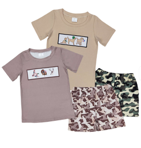Longlv Conjuntos de Boutique para Niños Pequeños, Camiseta con Estampado de Perro, Pato y Ciervo con Pantalones Cortos de Camuflaje, Algodón/Seda de Leche/Algodón - Product Image 1