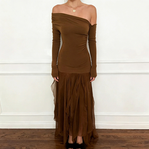 Robe maxi élégante à manches longues en patchwork de maille pour femmes, coupe ajustée, ourlet asymétrique, robe de soirée - Product Image 2