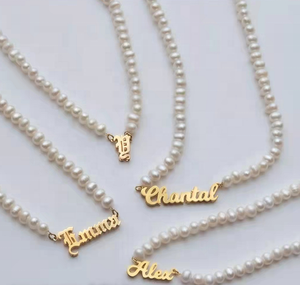 Joyería de moda letra inglesa Antigua placa de identificación cadena gargantilla 18 K oro Acero inoxidable personalizado nombre collar de perlas - Product Image 5