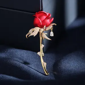 Personality Red Rose Flower Vintage Brooches Pin Vintage Luxury Rhinestone Zircon Brooch For Women