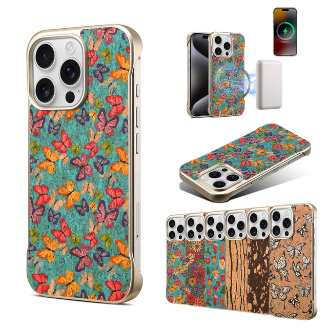 Irregular Floral Butterfly Cork Magnetic Wireless Charging Shockproof Phone Case, Compatible with Apple 16 / 15 / 14 Series