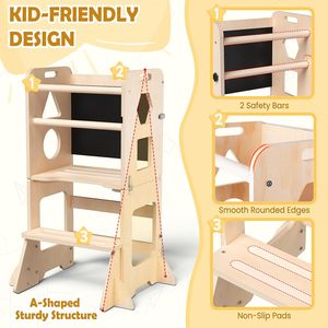 4-in-1 Toddler Standing Tower Anti-Tip,Toddler Kitchen <b>Step</b> <b>Stool</b> with Blackboard, Foldable Wooden for Kids - Product Image 2