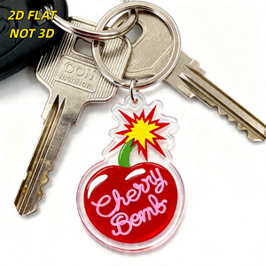 Porte-clés en acrylique mignon, design 'Cherry Bomb' effet explosion de bande dessinée, cerise rouge avec écriture rose et éclat jaune, breloque transparente pour clés et sacs - Product Image 3