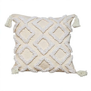 Bohemian Square Throw Pillow Cover Woven 100% Cotton Geometric Pattern Tassel <b>Trim</b> Linen Stitched Decorative <b>Cushion</b> - Product Image 1