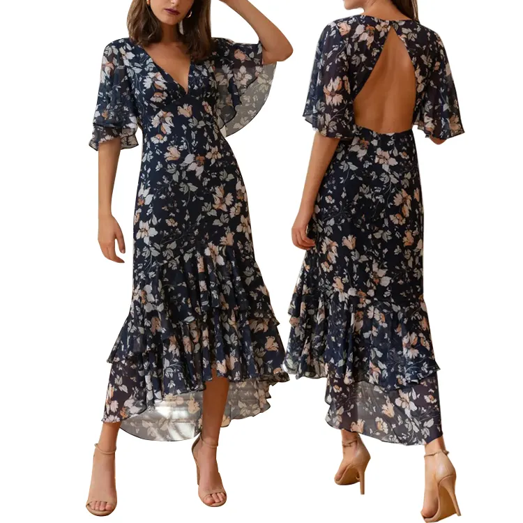 Vestido Floral personalizado para mujer, ropa informal con estampado de cuello en V, Maxi, elegante y largo, venta al por mayor
