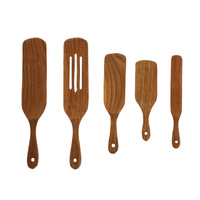 Ensemble de 5 ustensiles de cuisine : Cuillère à mélanger européenne, Cuillère à salade américaine, Fouet en bois d'acacia, Spatule en bois pour poêle antiadhésive