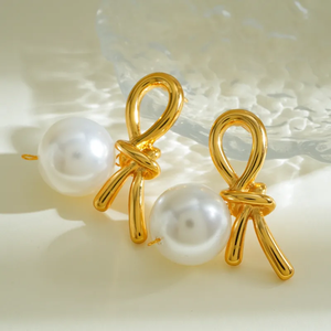 Boucles d'oreilles en perles artificielles à nœuds en acier inoxydable 304 plaqué or 18 carats de haute qualité, accessoires de mode pour femmes - Product Image 4