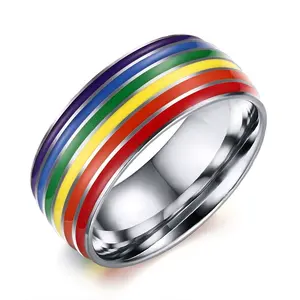 Retro 2024 terlaris perhiasan baja tahan karat Rainbow Colorful Epoxy Top cincin pita kosong untuk wanita pria Titanium hadiah perhiasan