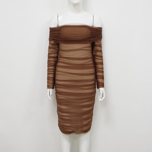 Nuevo vestido de moda elegante marrón fuera del hombro malla fruncida manga larga Midi Bodycon vestido - Product Image 2